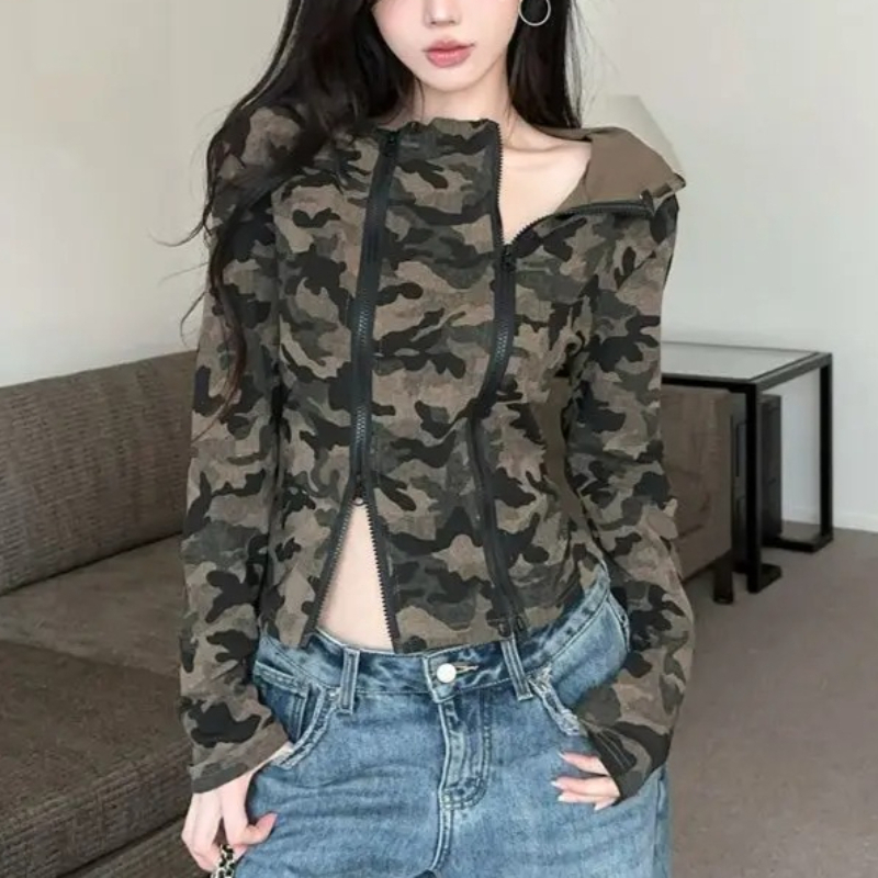 Women'S Fashion Zip Hoodie - ผู้หญิง Camo Zip-up Hoodie Cropped Fit