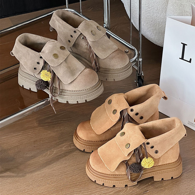 Women'S Fashion Riding Boots - รองเท้าบูทข้อเท้าหนังกลับเทียมสไตล์ฤดูใบไม้ร่วงสำหรับผู้หญิง รองเท้าบูทพื้นหนาสไตล์เรโทร รองเท้าบูทหนังผูกเชือกแฟชั่นสำหรับผู้หญิง รองเท้าบูทสไตล์ไบค์เกอร์ รองเท้าบูทผู้หญิง
