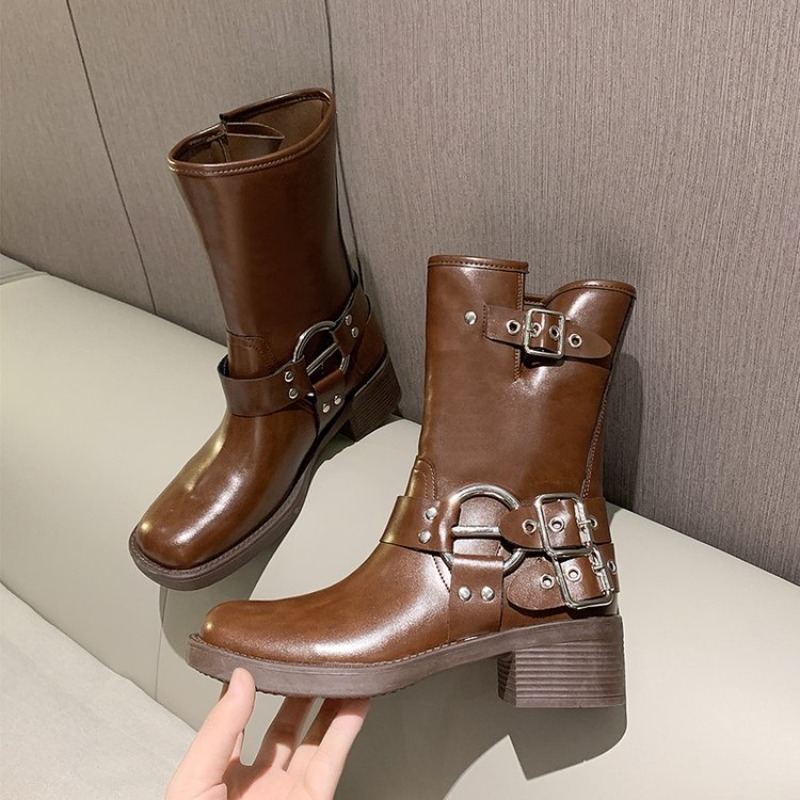 Women'S Fashion Riding Boots - รองเท้าบูทสั้นส้นหนาสำหรับผู้หญิง ไซส์ใหญ่ สไตล์คาวบอยตะวันตก แฟชั่นอังกฤษ พร้อมหัวเข็มขัด