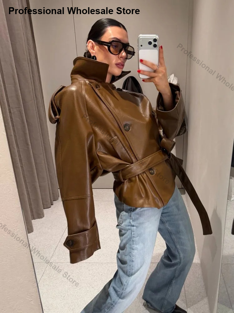 Women'S Fashion Blazer - เสื้อเบลเซอร์หนังเทียมสำหรับผู้หญิง แจ็คเก็ตหนัง PU แบบเปิดด้านหน้า เสื้อโค้ทหนังสีน้ำตาล แฟชั่นผู้หญิง