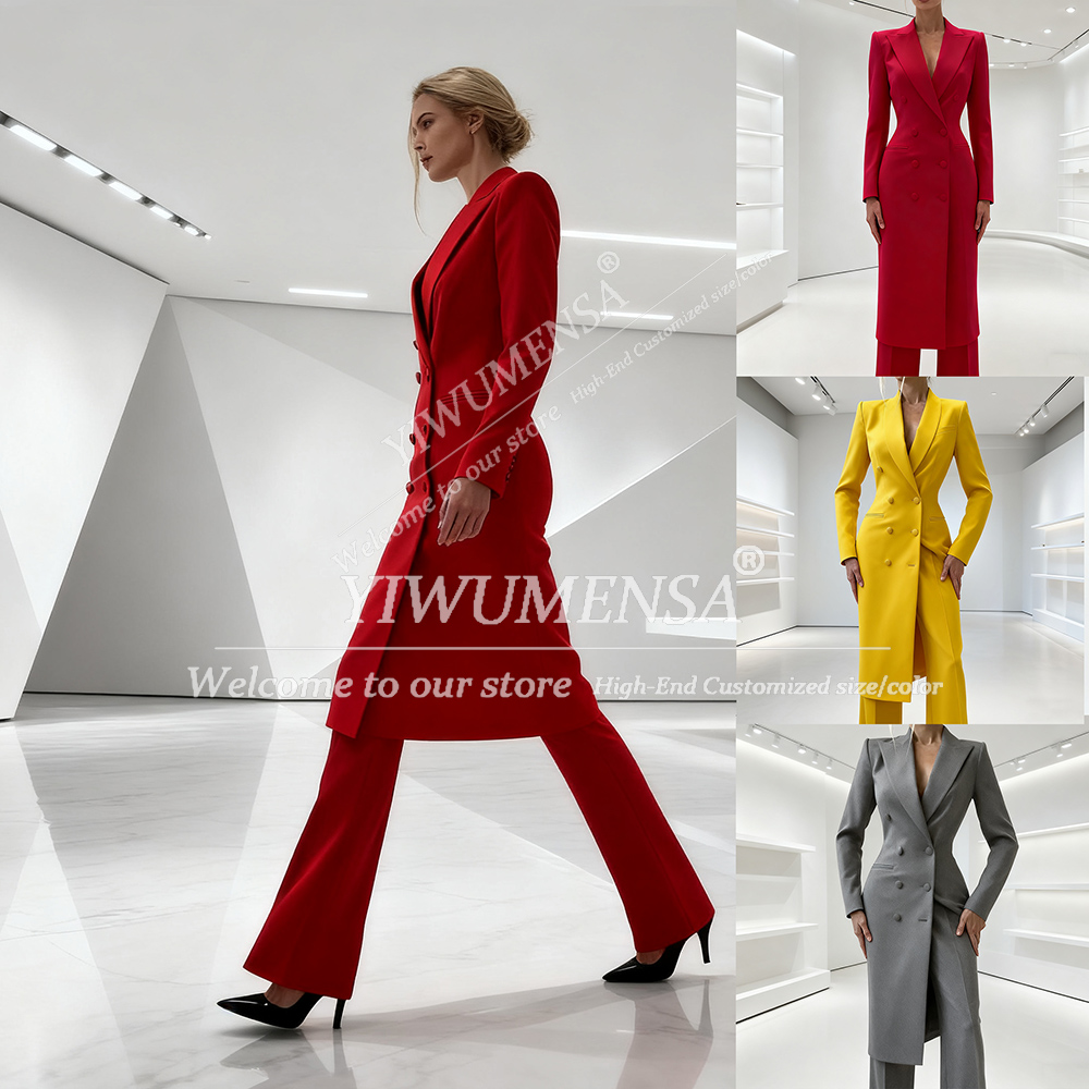 Women'S Fashion Blazer - ชุดสูทผู้หญิงแบบเรียบหรู 2 ชิ้น เสื้อแจ็คเก็ตปกแหลมติดกระดุมสองแถว กางเกงขายาว ชุดแฟชั่นสำหรับงานพรอม