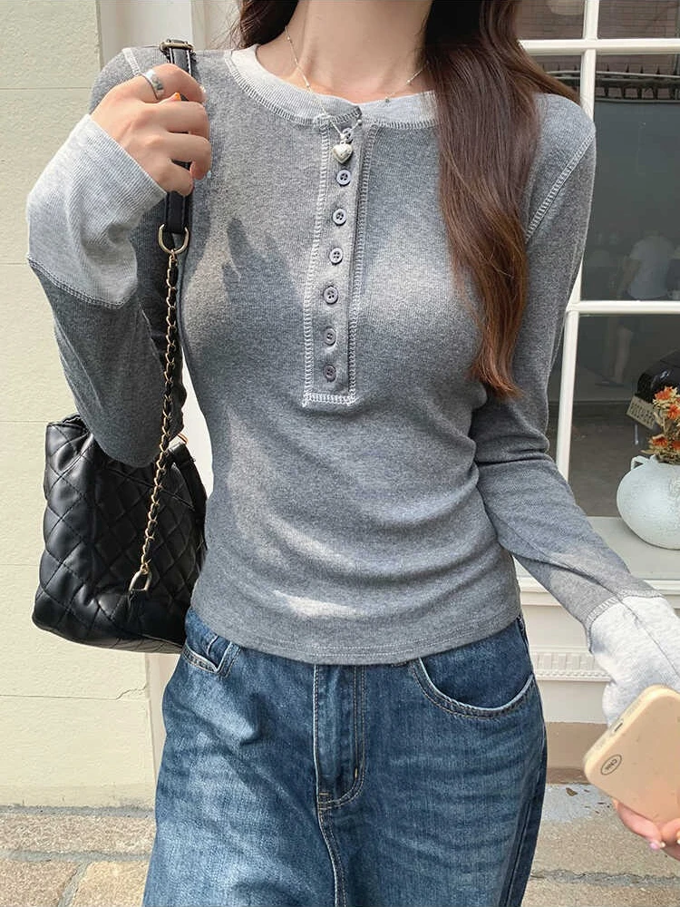 Women'S Fashion For 2025 - เสื้อยืด Y2K ลายปะติดปะต่อ 2025, เสื้อครุ๊งจ์สีตัดกัน, เสื้อยืดลำลองทรงเข้ารูปสไตล์ฮาราจูกุสำหรับผู้หญิง