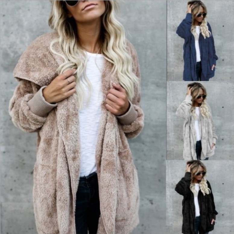 Sherpa Coat Women - เสื้อโค้ทขนเฟอร์เทียมเนื้อนุ่มแบบสองด้าน ความยาวปานกลาง มีกระเป๋าข้าง เสื้อโค้ทขนเฟอร์เทียมให้ความอบอุ่น แจ็คเก็ตเชอร์ปาแสนสบายสำหรับผู้หญิง
