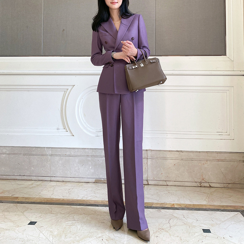 Women'S Fashion Blazer - ชุดสูทผู้หญิงสีม่วง Allingentle แบบ 2 ชิ้น เสื้อเบลเซอร์กระดุมสองแถวและกางเกงขายาว