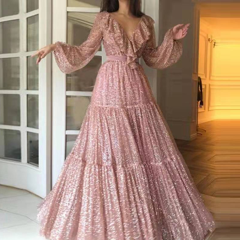 Women'S Fashion Gilded Age - แฟชั่นตาข่าย Gilded แขนยาว Swing ชุดราตรีฤดูใบไม้ผลิใหม่ Ruffle