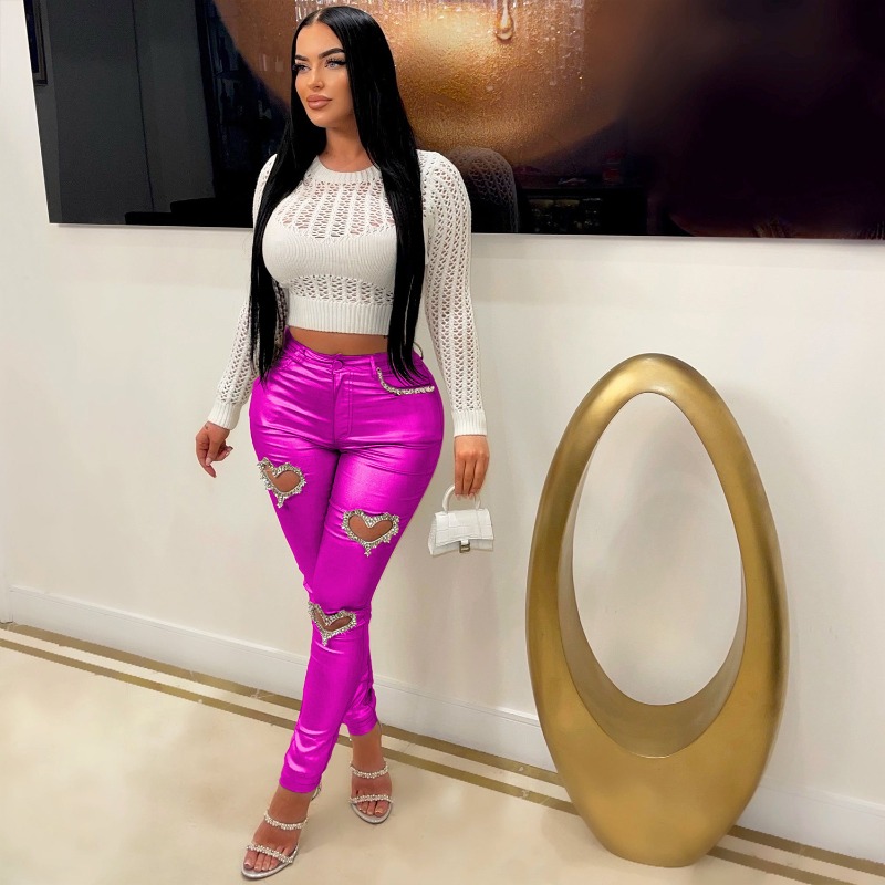 Women'S Fashion Gilded Age - กางเกงทรงบุตตี้ผ้ายืดสะท้อนแสง แต่งกระดุมผ่าหน้า ทรงเข้ารูป ยกกระชับสะโพก ดีไซน์หัวใจโปร่งลายเพชร แต่งขอบเมทัลลิก