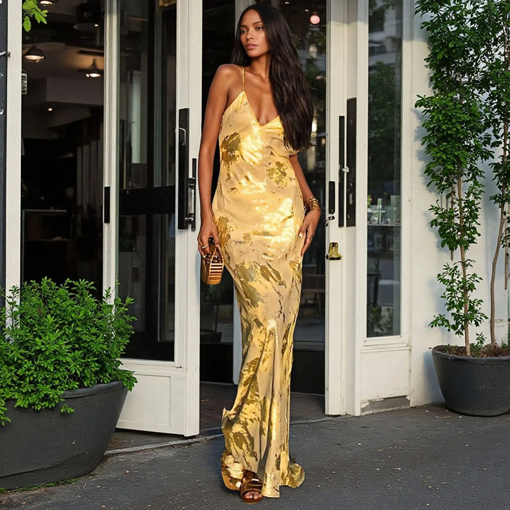 Women'S Fashion Gilded Age - สินค้าใหม่รับซัมเมอร์ 2025 เดรสแฟชั่น เดรสเว้าหลังเซ็กซี่ เดรสเชือกแขวนคอปิดทอง