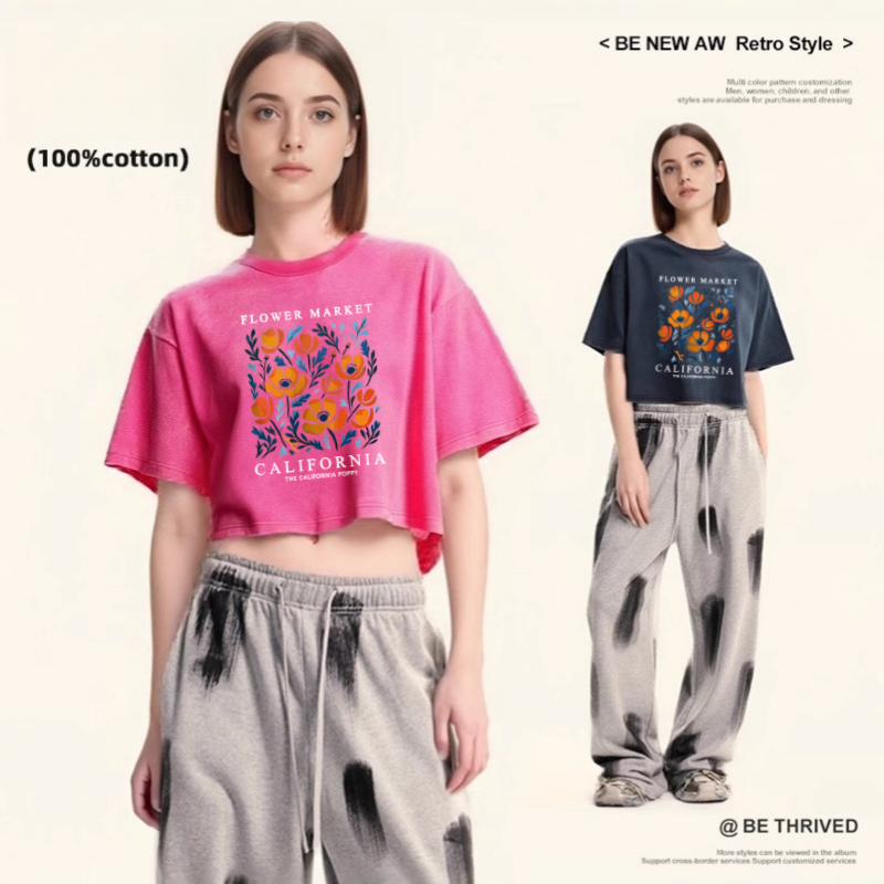 Women'S Fashion Market Size - เสื้อยืดคอกลมผ้าฝ้ายลายดอกไม้สีเหลืองสไตล์แคลิฟอร์เนีย ล้างสีแล้ว ทรงหลวม แขนสั้น สำหรับผู้หญิง