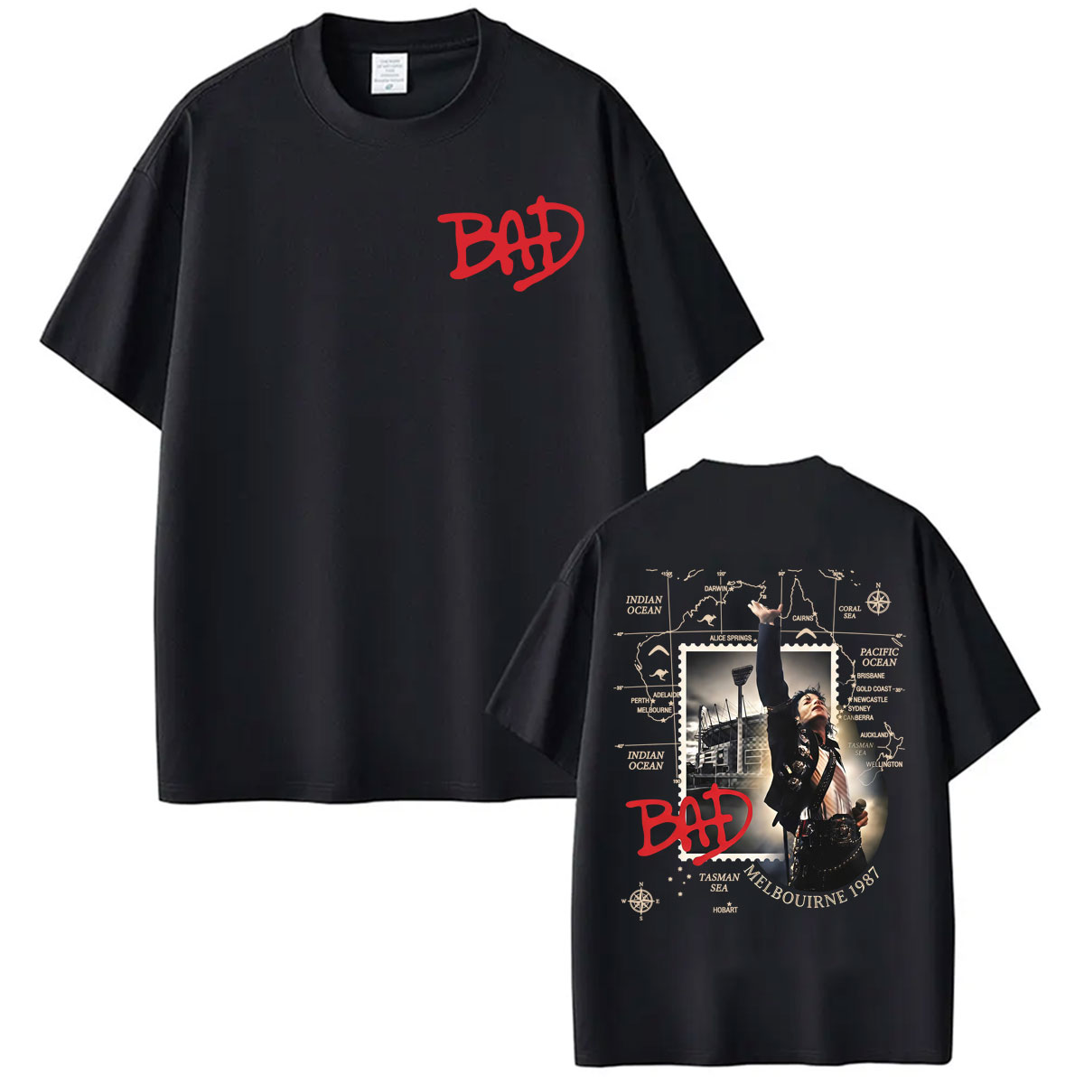 Women Fashion 80S - เสื้อยืดคิงออฟป๊อป ไมเคิล แจ็คสัน แบดทัวร์ สำหรับผู้ชายและผู้หญิง สไตล์วินเทจยุค