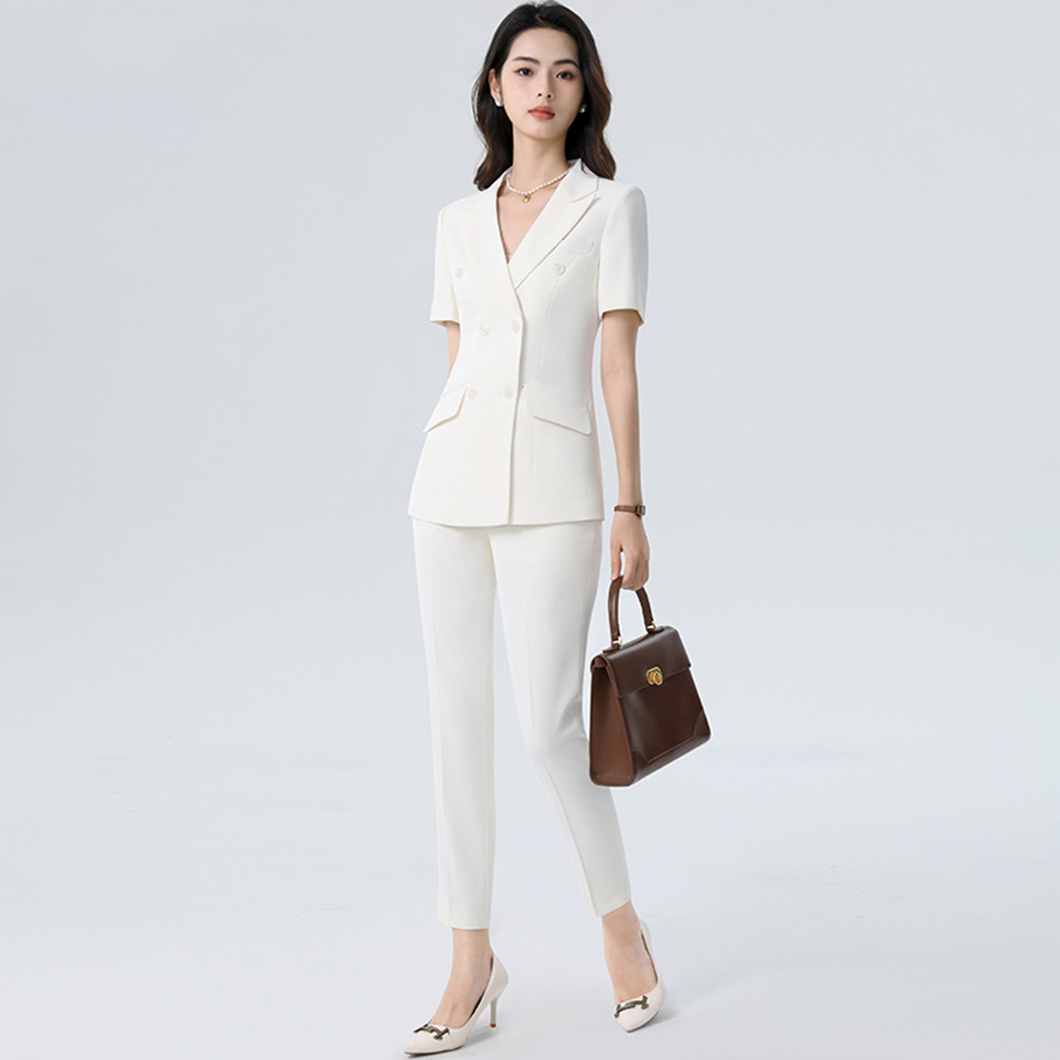 Women'S Fashion Blazer - ชุดสูทผู้หญิงสีขาว Allingentle ทรงเข้ารูป 2 ชิ้น เสื้อเบลเซอร์แขนสั้นและกางเกงขายาว