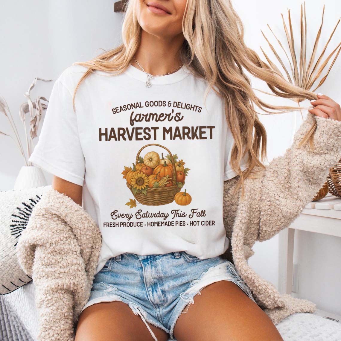 Women'S Fashion Market Size - เสื้อยืดลายการ์ตูนสำหรับผู้หญิง ลายตลาดเก็บเกี่ยวของเกษตรกร เสื้อยืดแขนสั้นน่ารัก สไตล์ลำลอง เหมาะสำหรับฤดูใบไม้ร่วง แฟชั่นวันขอบคุณพระเจ้า