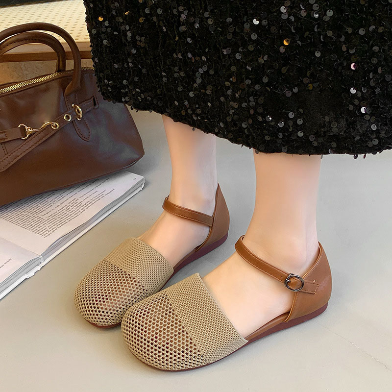 Women'S Fashion For 2025 - รองเท้าแตะตาข่ายสำหรับผู้หญิงแฟชั่นฤดูใบไม้ผลิ/ฤดูร้อนปี 2025 ส้นเตี้ยแบบแบน หัวกลม สายรัดข้อเท้า รองเท้าลำลองสีดำ