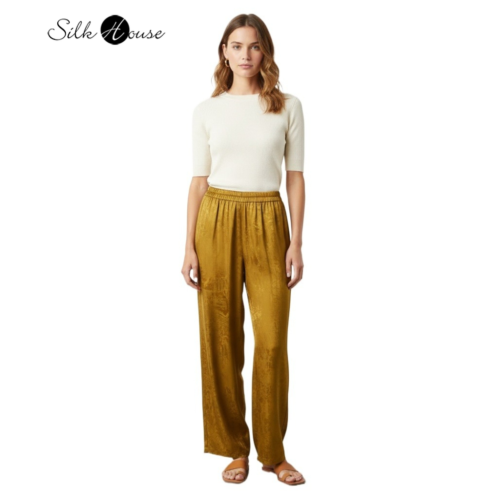 Women'S Fashion Gilded Age - เสื้อผ้าแฟชั่นสตรีสำหรับฤดูใบไม้ผลิ/ฤดูใบไม้ร่วง สีเหลืองขิงทอง ผ้าไหมมัลเบอร์รี่ธรรมชาติ 100% ผ้าซาตินลายแจ็คการ์ด กางเกงทรงตรงอเนกประสงค์