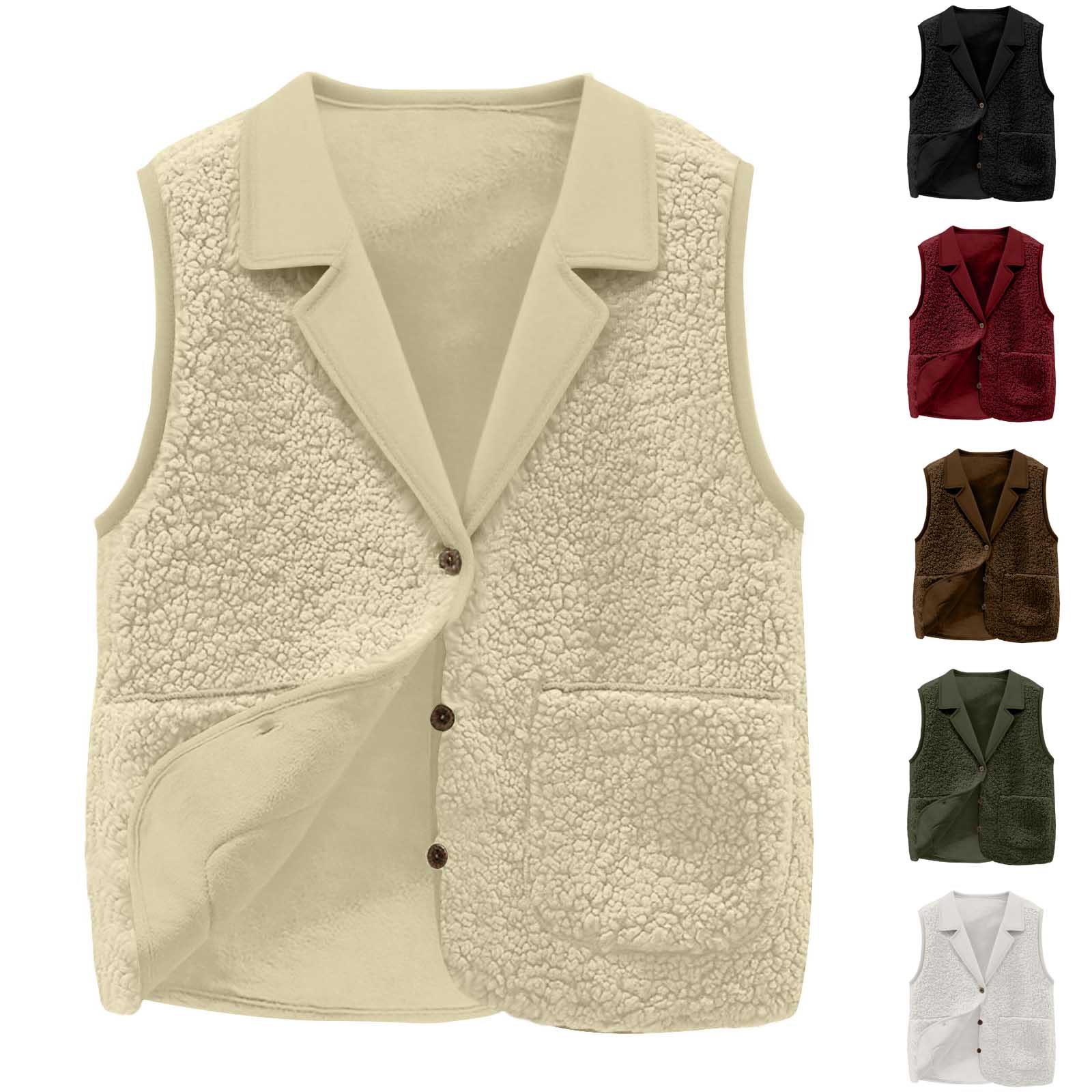 Sherpa Coat Women - เสื้อกั๊กขนแกะเชอร์ปาสำหรับผู้หญิง ปกเสื้อแบบปกเชิ้ต ติดกระดุมด้านหน้า มีกระเป๋า เสื้อแจ็คเก็ตแขนกุดแบบลำลอง อุ่นสบาย