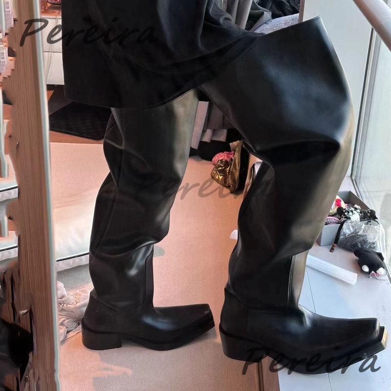 Women'S Fashion Riding Boots - รองเท้าบูทหุ้มข้อหนาสำหรับผู้ชายและผู้หญิง หนังสีดำ หัวเหลี่ยม สวมแบบสลิปออน รองเท้าบูทสไตล์อัศวิน แฟชั่นฤดูใบไม้ร่วงและฤดูหนาว