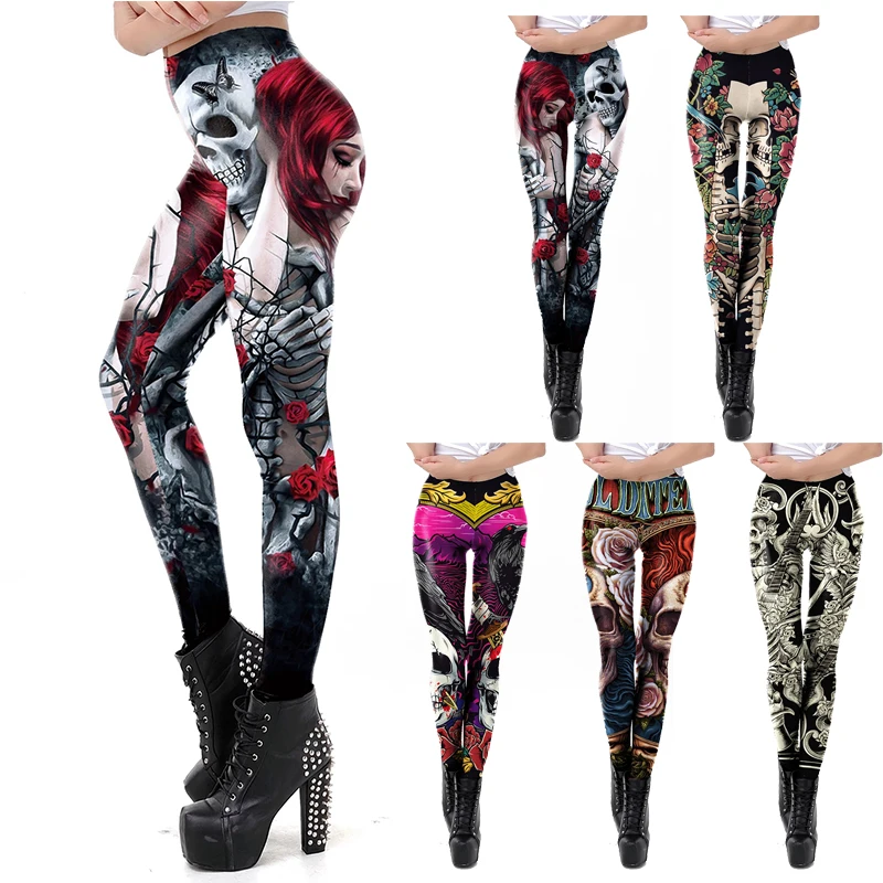 Women'S Fashion Leggings - แฟชั่น Skull Rose พิมพ์ Leggings คอสเพลย์ฮาโลวีนผู้หญิงกางเกงเซ็กซี่หญิงผอมกางเกงตะเข็บฟิตเนส