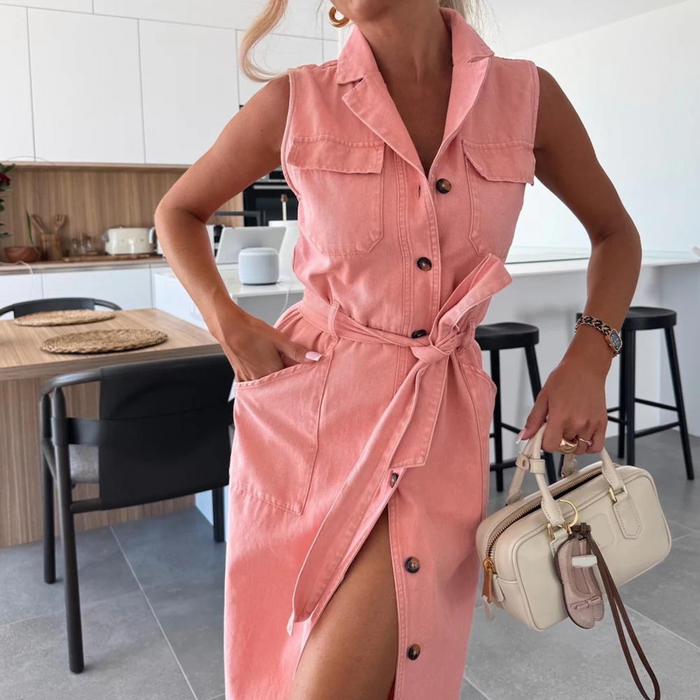 Women Fashion 80S - เดรสยีนส์แฟชั่นสำหรับผู้หญิง เสื้อเชิ้ตยีนส์ผู้หญิง เดรสยาวพร้อมเข็มขัด กระดุมติด ปกเสื้อแบบลาペル เดรสยีนส์ยาวทรงแม็กซี่
