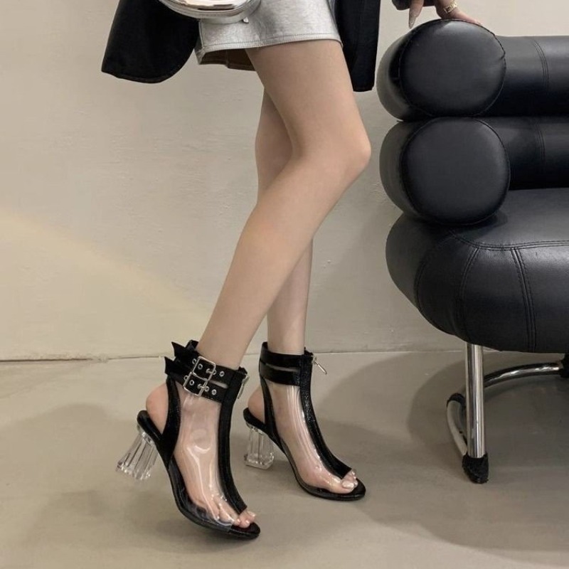 Fashion Women Belt - รองเท้าส้นสูงแบบรัดส้นคริสตัล ซิป หัวกลม เปิดนิ้วเท้า สีบล็อค สายรัดโลหะ