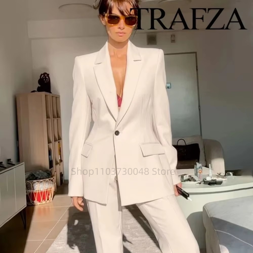 Women'S Fashion Blazer - แฟชั่นชุดสูทสตรีสำหรับออฟฟิศ เสื้อเบลเซอร์และกางเกงขายาว สีขาว/แดง ชุดทำงานสำหรับผู้หญิง ชุดทำงาน 2