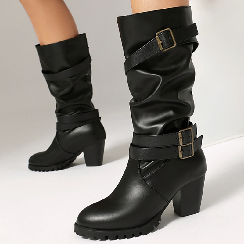Women'S Fashion Riding Boots - จีบกลางลูกวัวรองเท้าบูทแฟชั่นผู้หญิง 2025 ฤดูหนาว Western PU Unisex