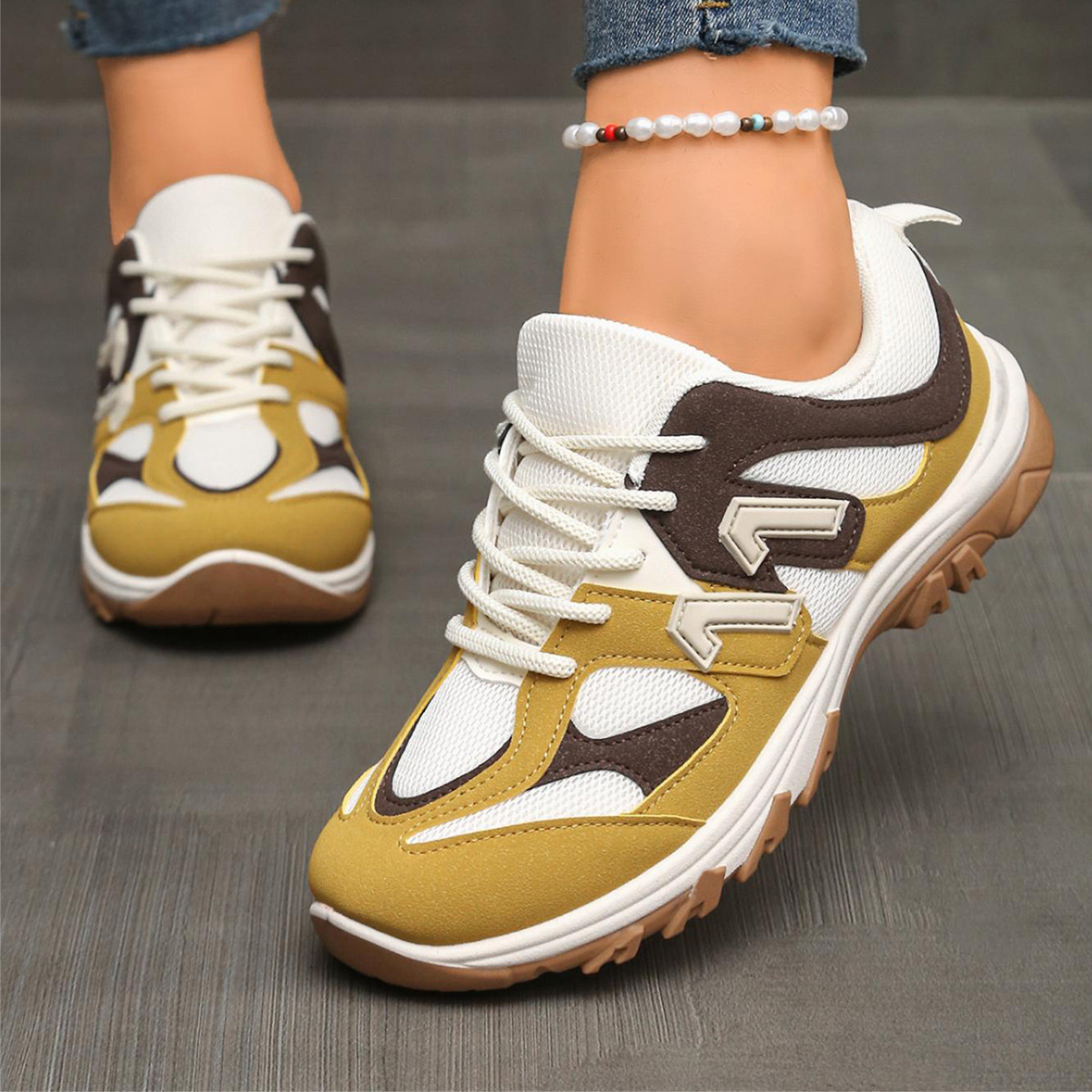 รองเท้าเดินป่ากันลื่นสีเทาเหลื - Women'S Yellow Fashion Sneakers บทวิจารณ์และราคา